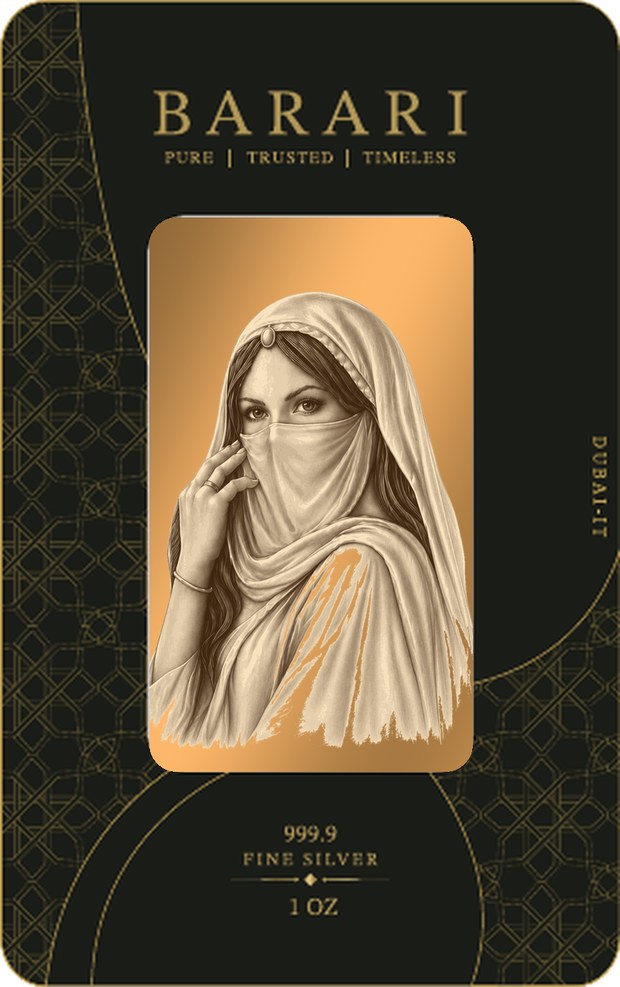 Barari 1 oz bar bearing the Lady of Barari, sealed in its assay card